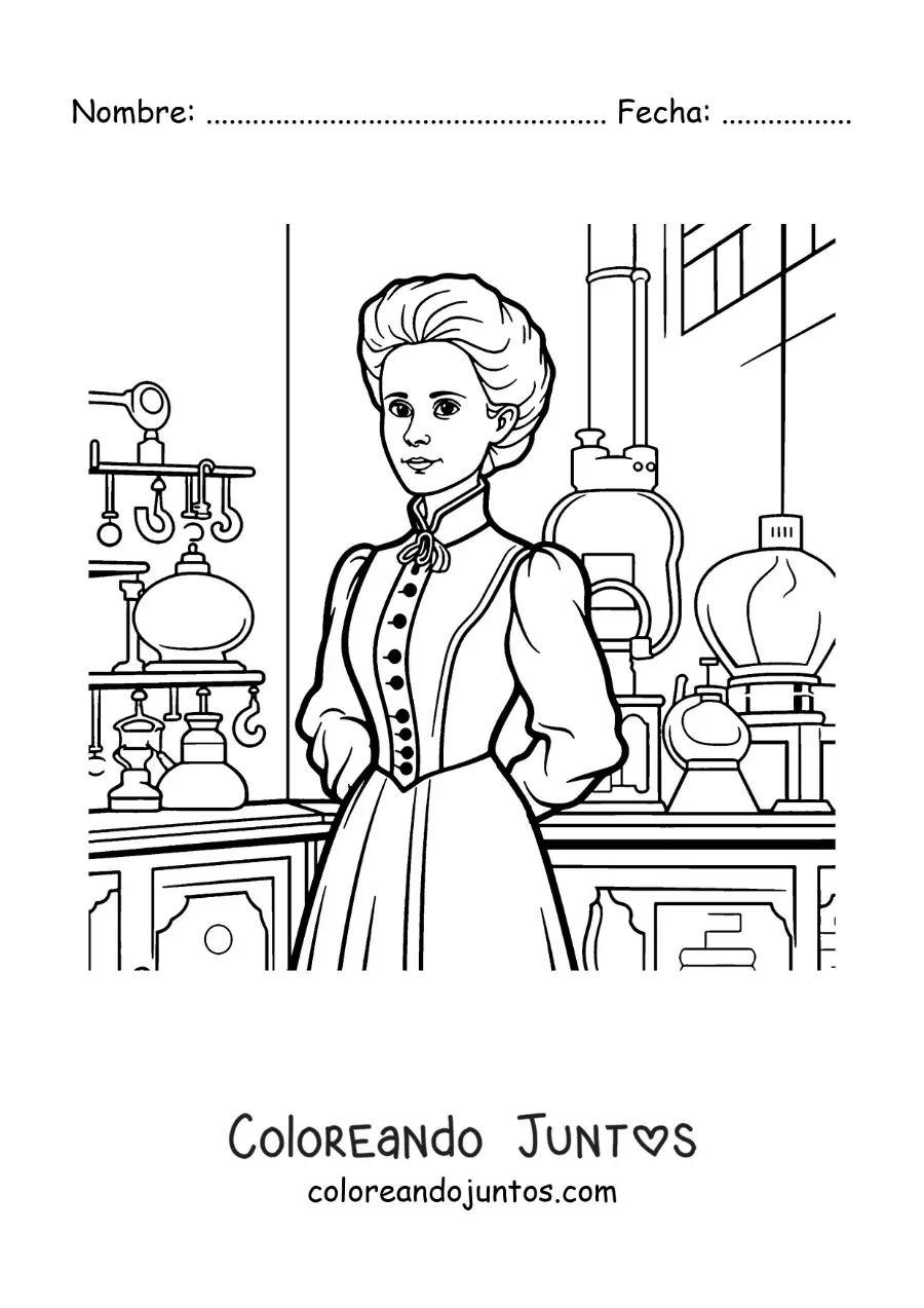 Imagen para colorear de Marie Curie en su laboratorio
