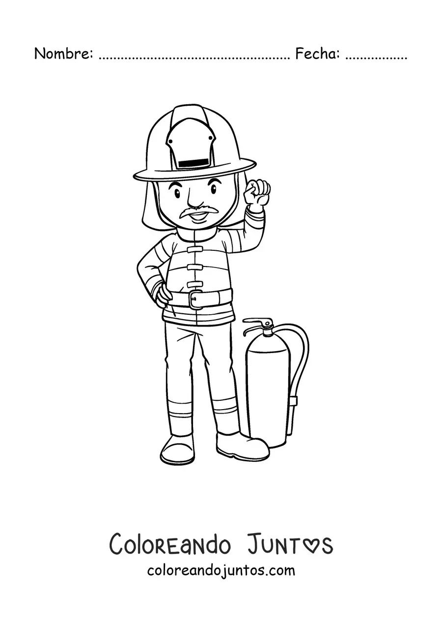 Imagen para colorear de un bombero uniformado junto a un extintor