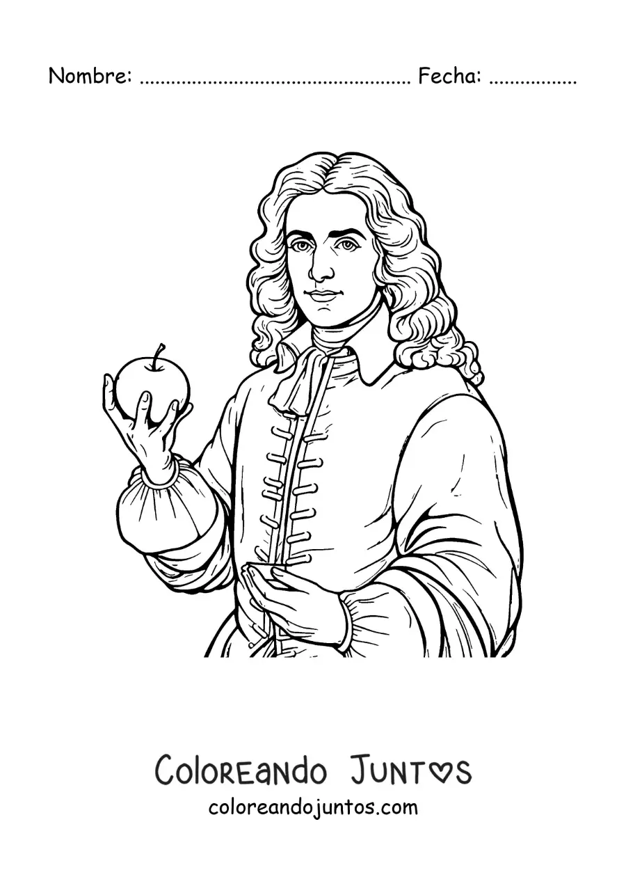 Imagen para colorear de un retrato de Isaac Newton con una manzana