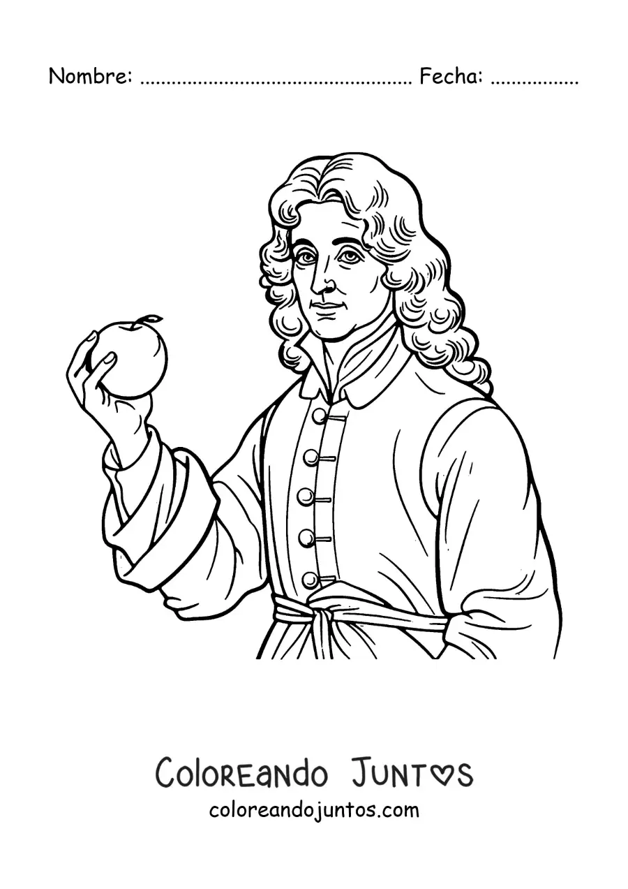 Imagen para colorear de un retrato fácil de Isaac Newton con una mazana