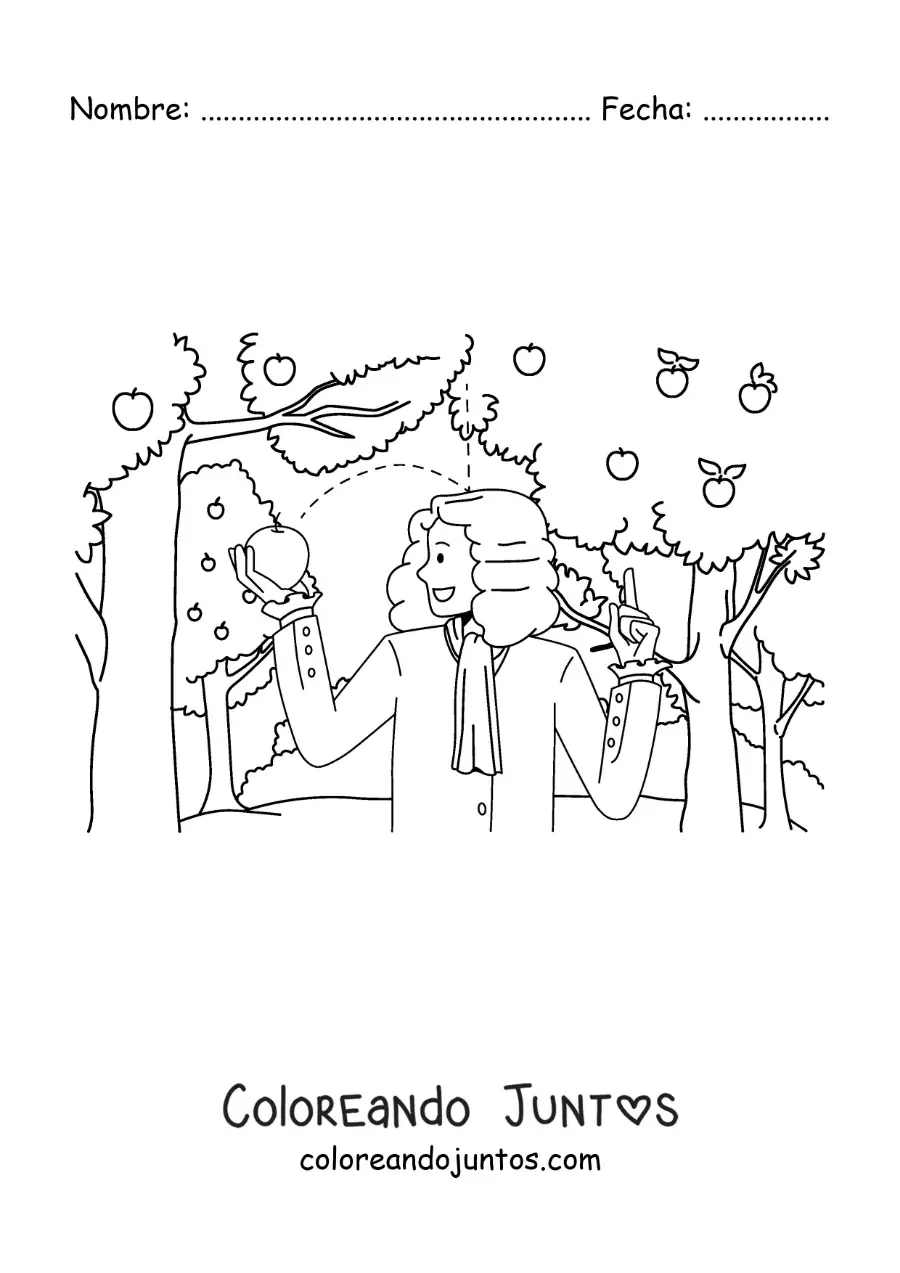Imagen para colorear de Isaac Newton con una manzana cayendo sobre su cabeza