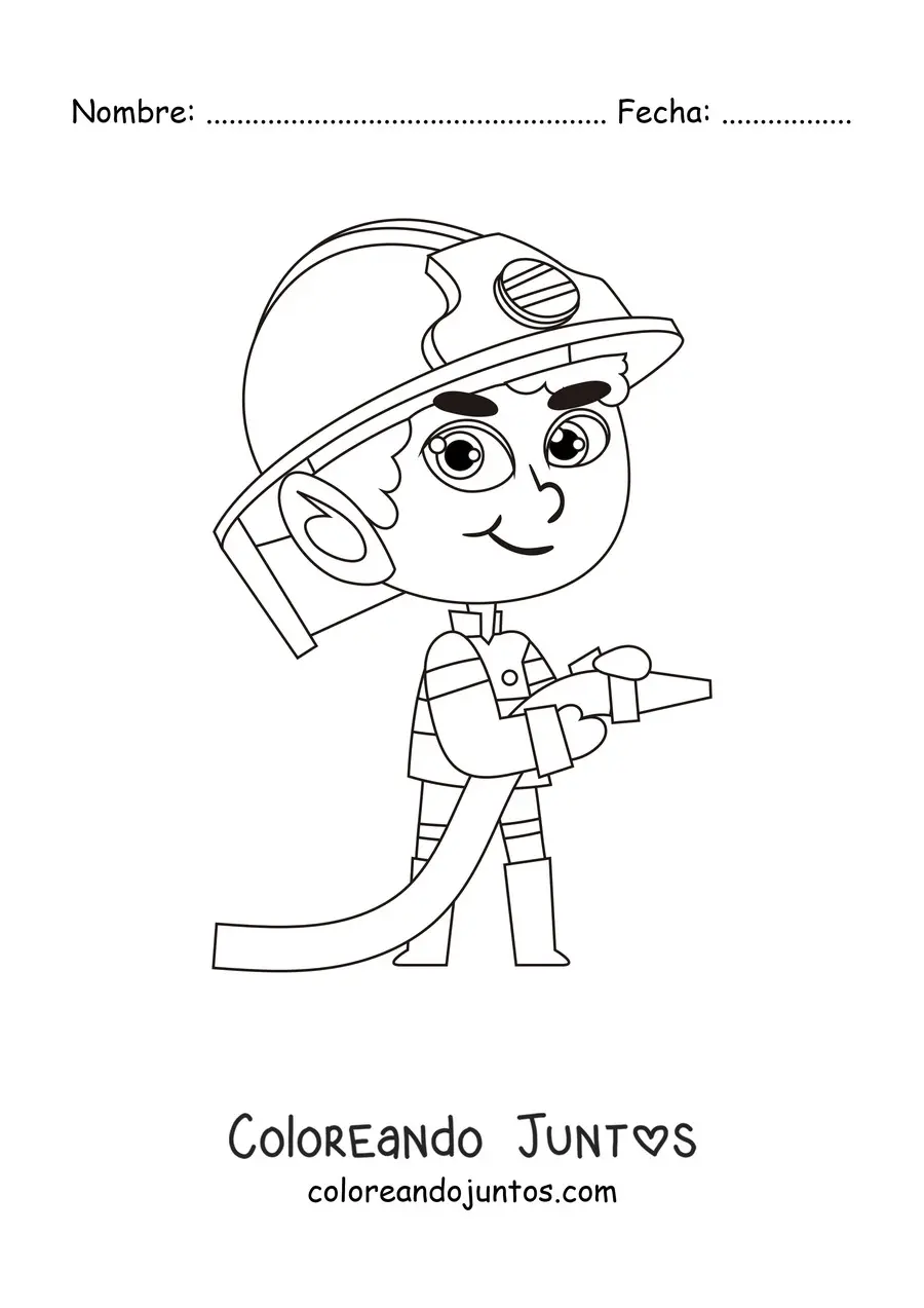 Imagen para colorear de un bombero animado kawaii con una manguera