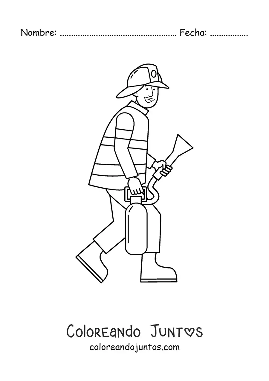Imagen para colorear de un bombero animado con un extintor