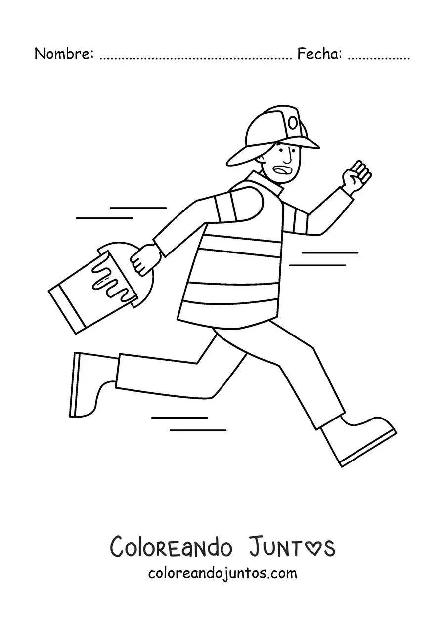 Imagen para colorear de un bombero animado con un cubo de agua