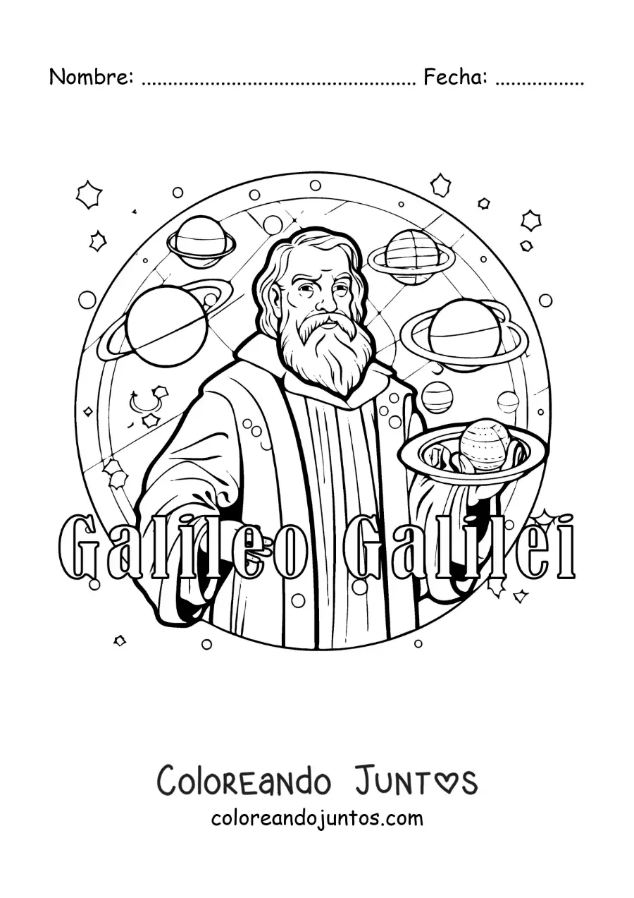 Imagen para colorear de Galileo Galilei animado con los planetas