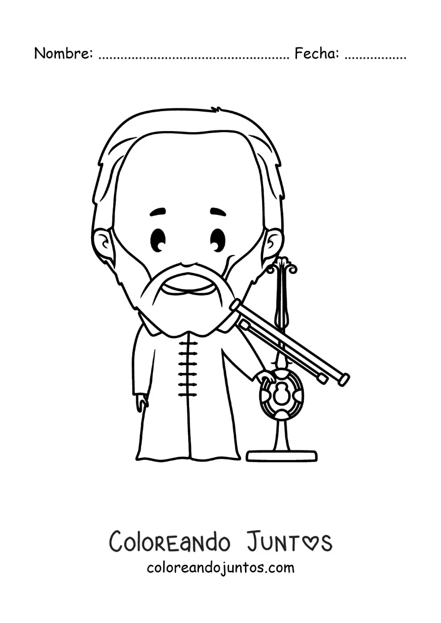 Imagen para colorear de Galileo Galilei kawaii con un telescopio