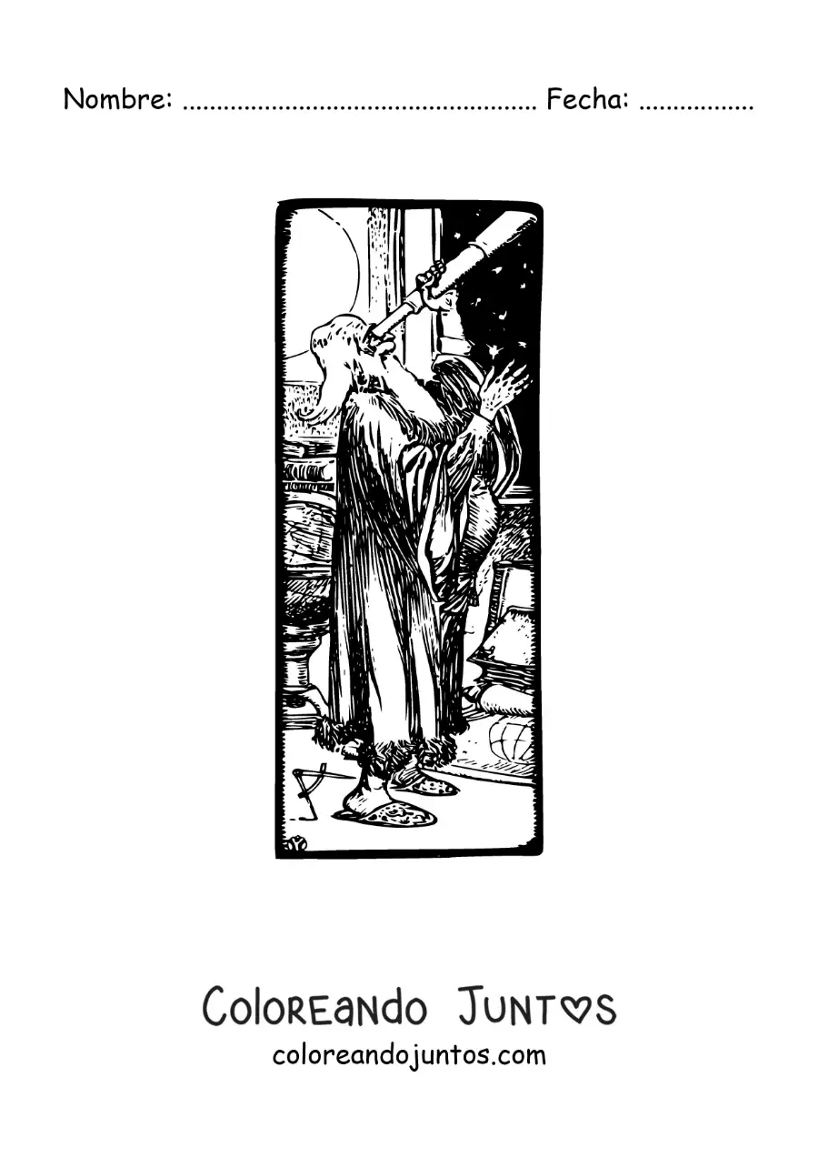 Imagen para colorear de caricatura de Galileo Galilei con un telescopio