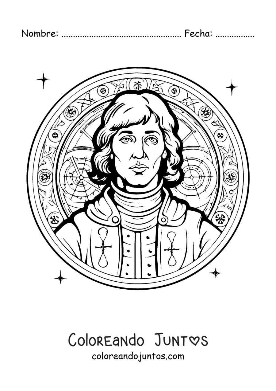 Imagen para colorear de Nicolás Copérnico animado con una mandala