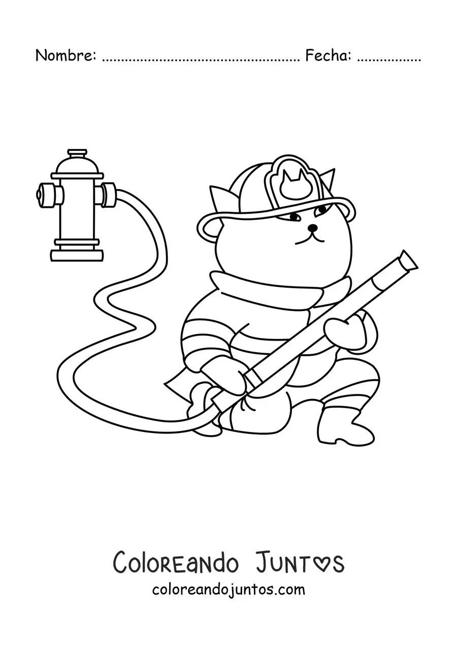 Imagen para colorear de un gato bombero animado sosteniendo una manguera
