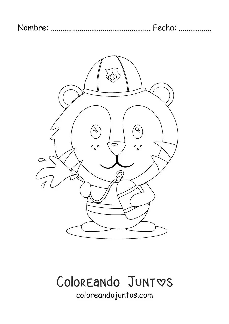 Imagen para colorear de un tigre bombero animado apagando un incendio