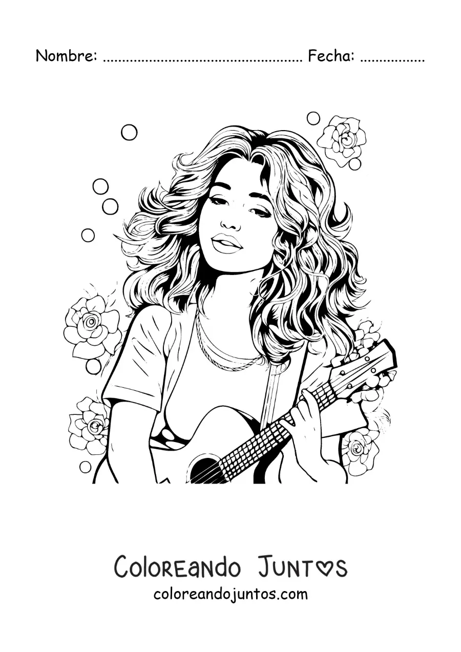 Imagen para colorear de caricatura de Selena Gómez con una guitarra y flores