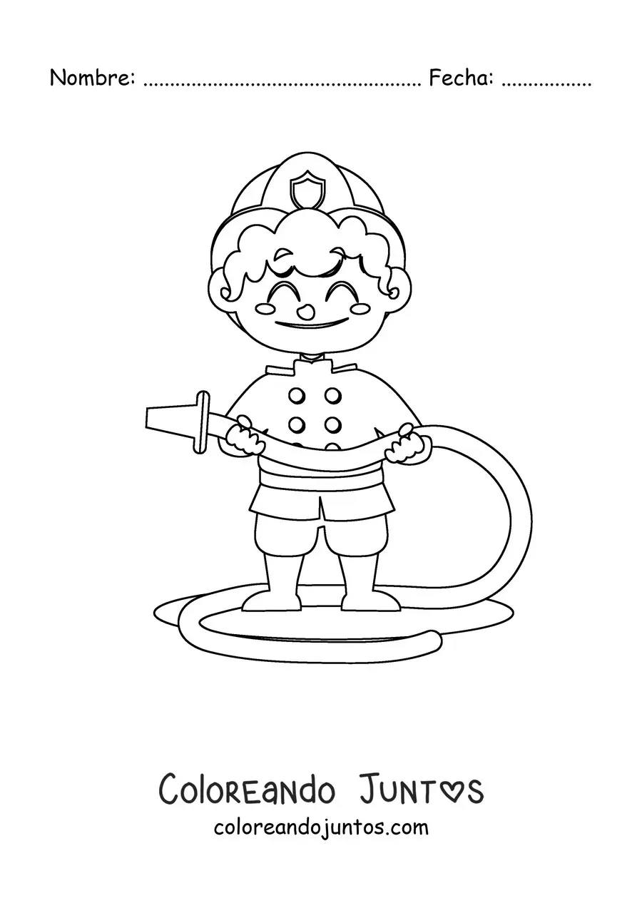 Imagen para colorear de un niño bombero con manguera