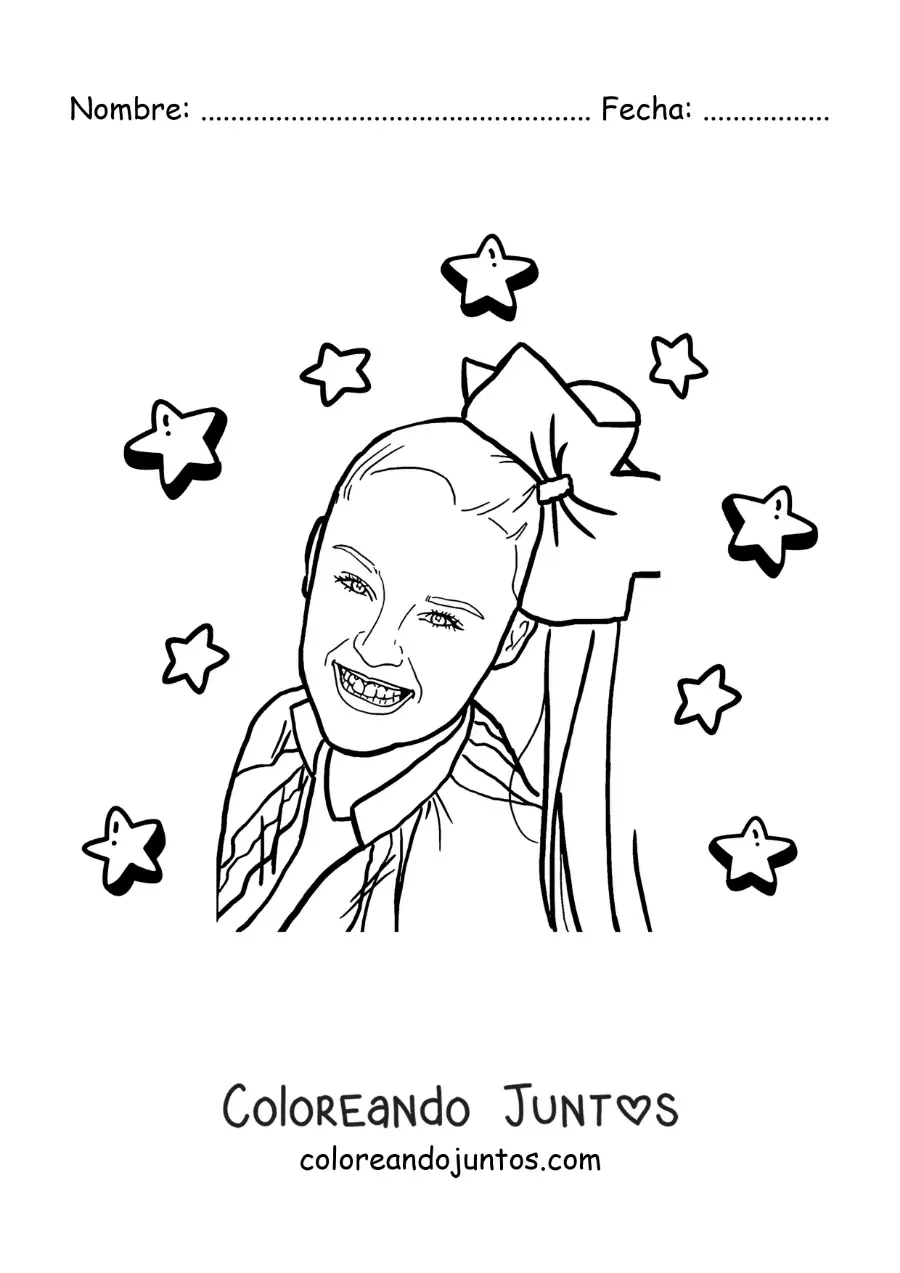 Imagen para colorear de un retrato de Jojo Siwa con estrellas