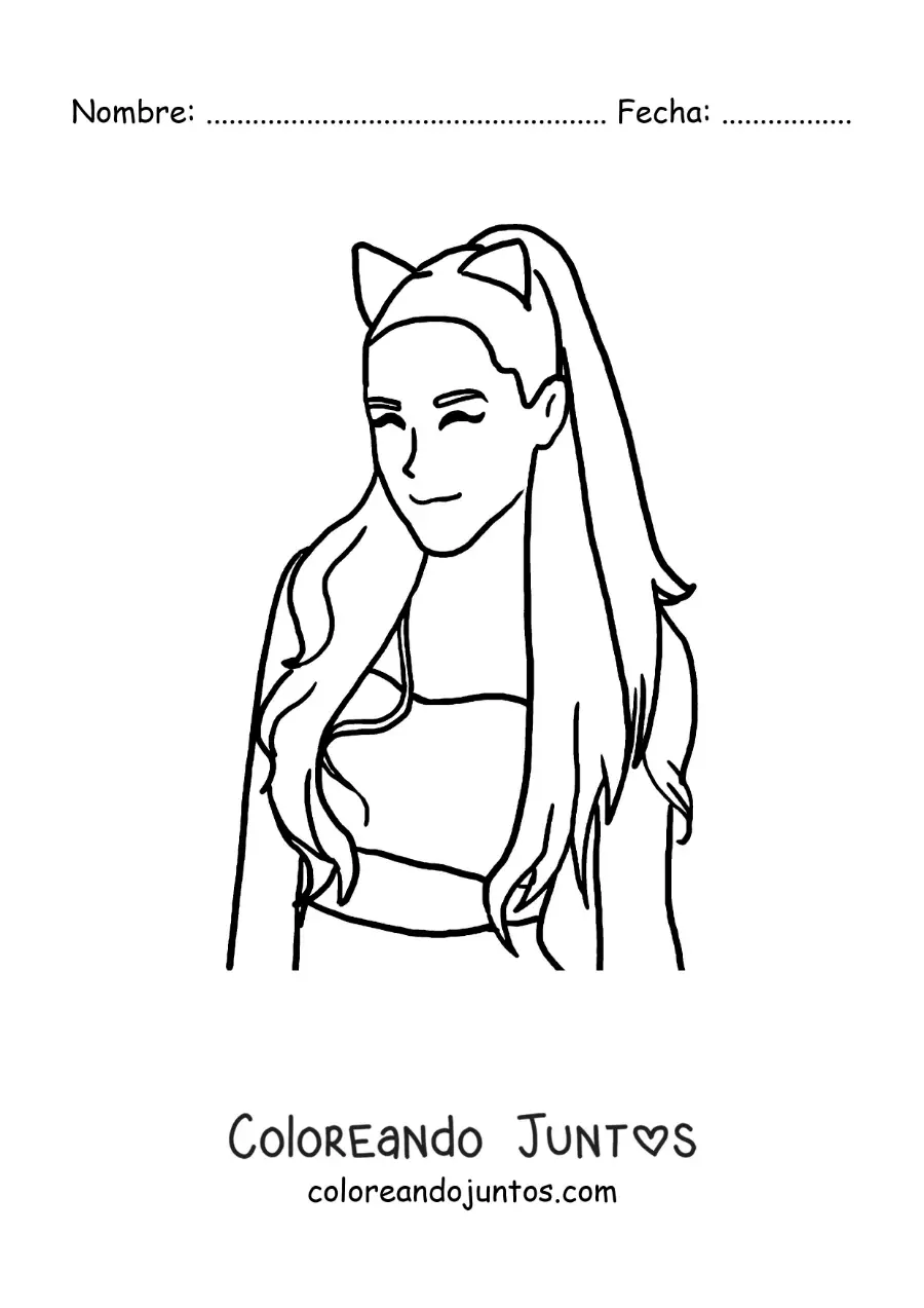 Imagen para colorear de Ariana Grande animada kawaii con orejas de gato