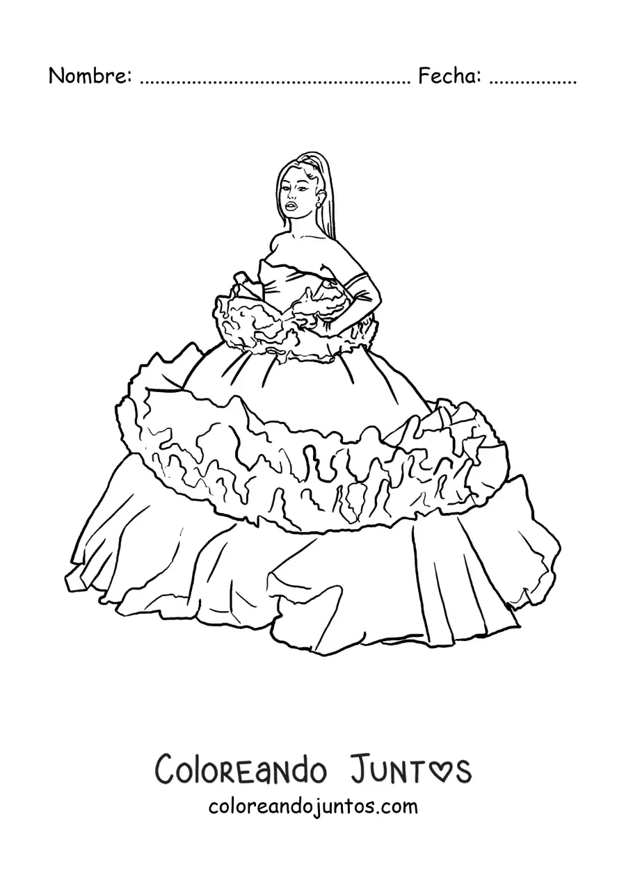 Imagen para colorear de Ariana Grande animada con un hermoso vestido