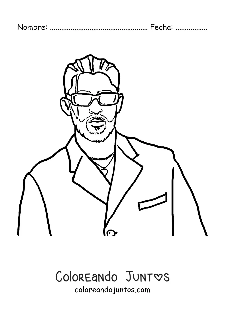 Imagen para colorear de un retrato animado de Bad Bunny