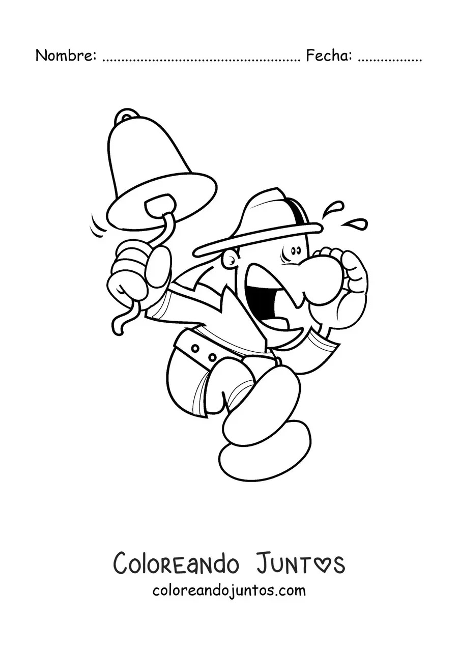 Imagen para colorear de una caricatura de un bombero en alerta