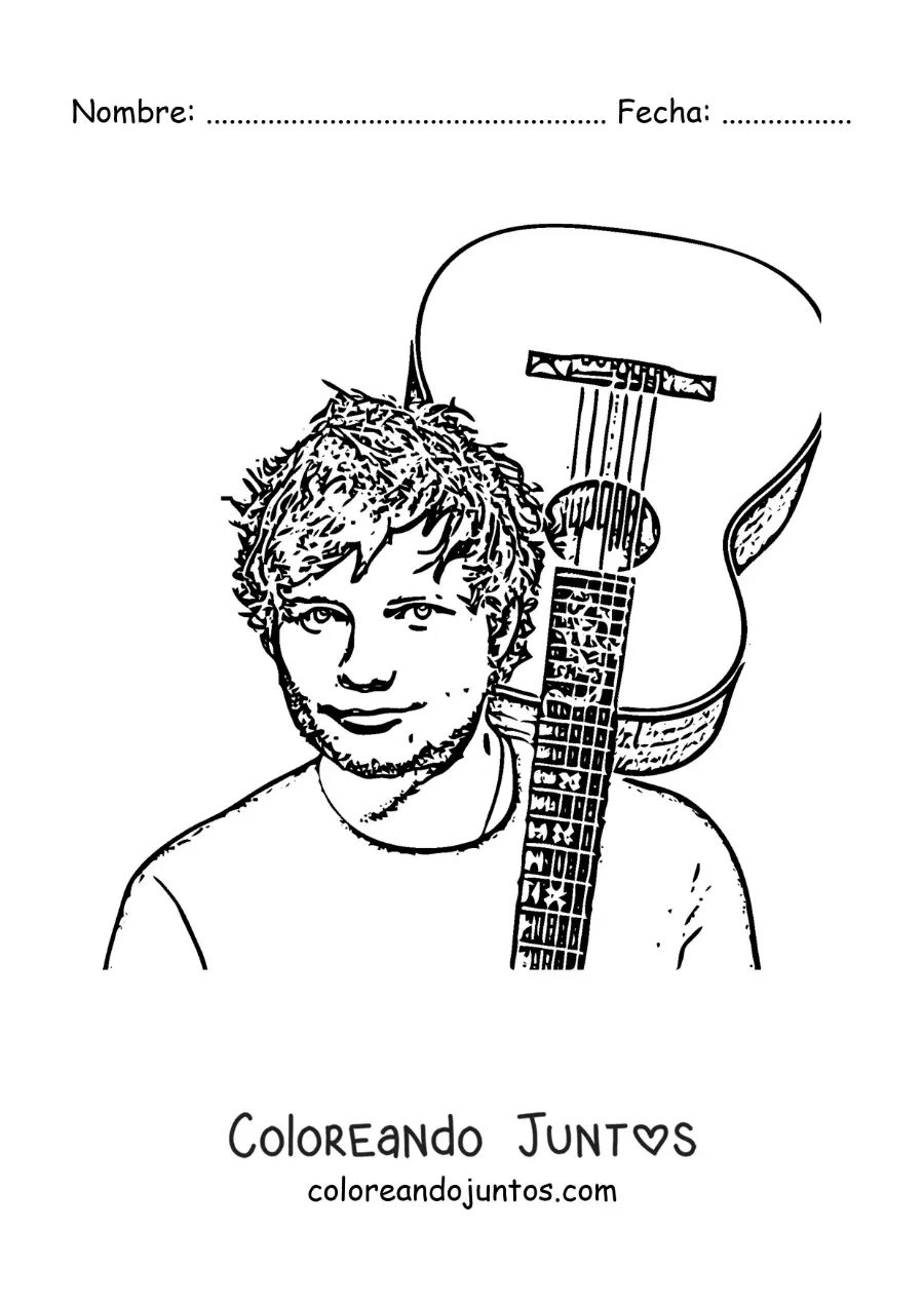 Imagen para colorear de un retrato a lápiz de Ed Sheeran con una guitarra