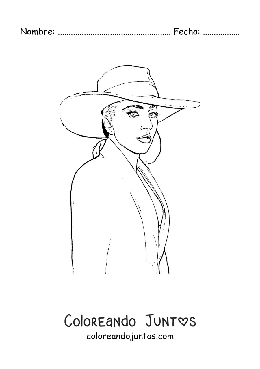 Imagen para colorear de un retrato de Lady Gaga animada con sombrero