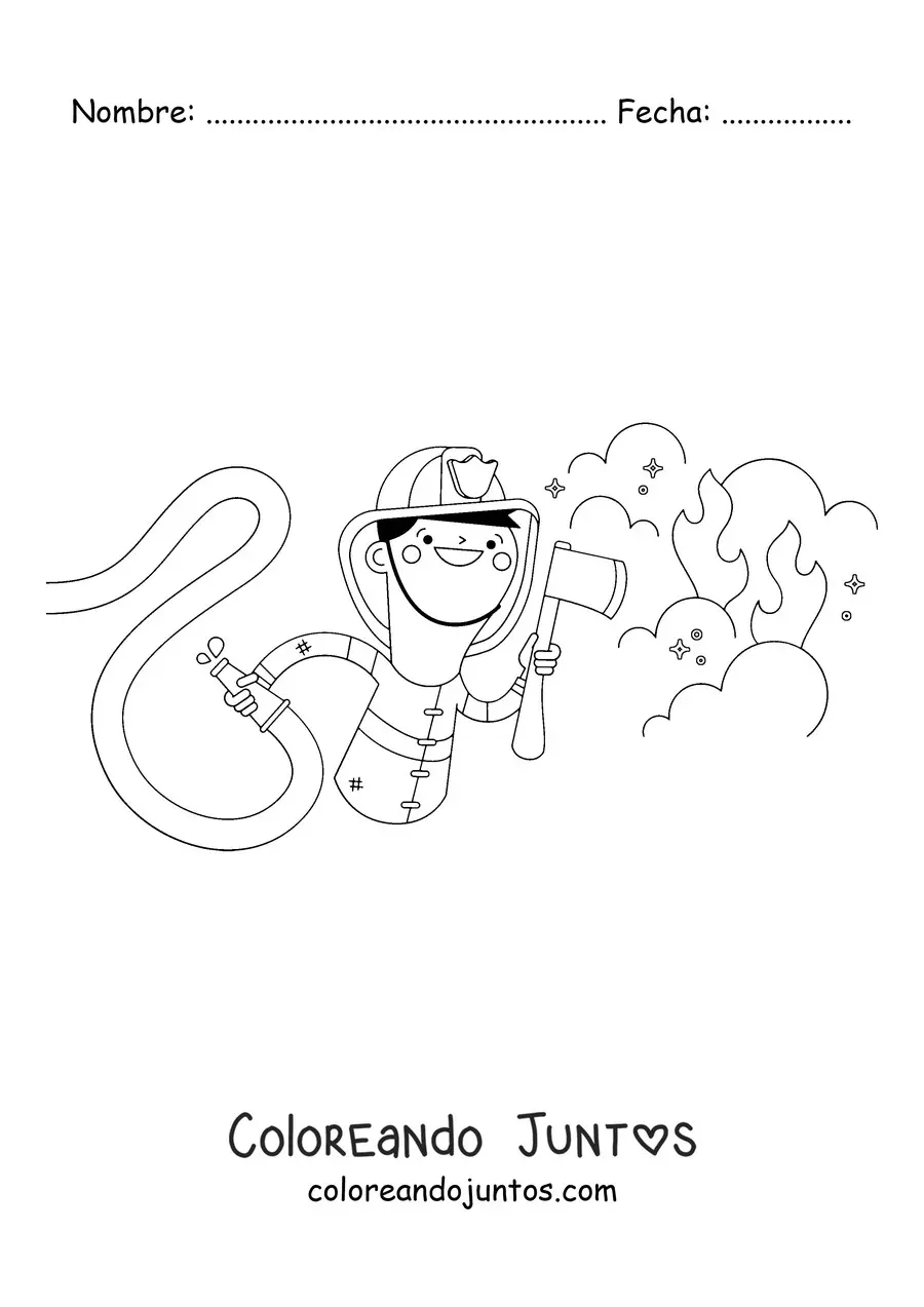 Imagen para colorear de un bombero animado en un incendio