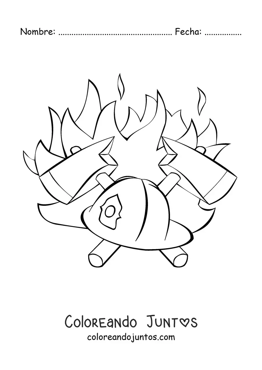 Imagen para colorear de un casco de bombero con dos hachas cruzadas