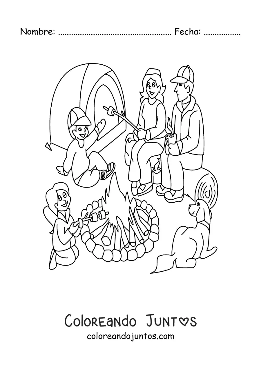 Imagen para colorear de una familia animada en un campamento