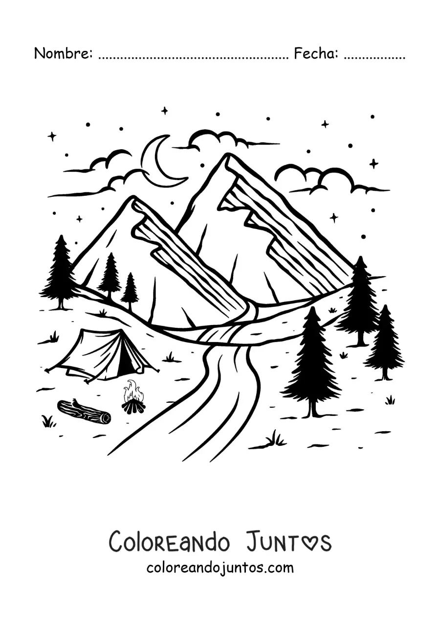 Imagen para colorear de una carpa junto al río y las montañas