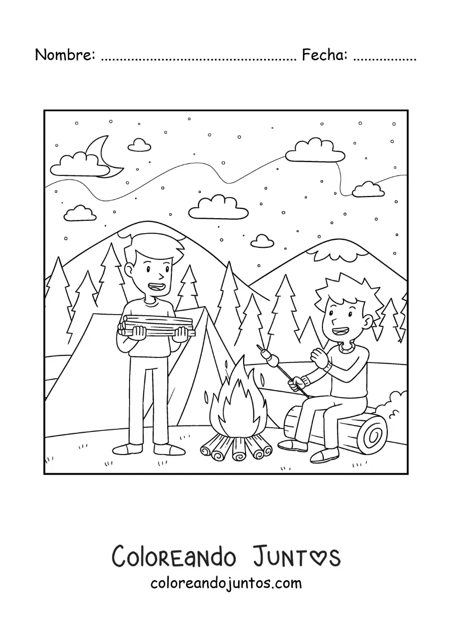 Imagen para colorear de dos niños asando malvaviscos junto a la fogata en un campamento