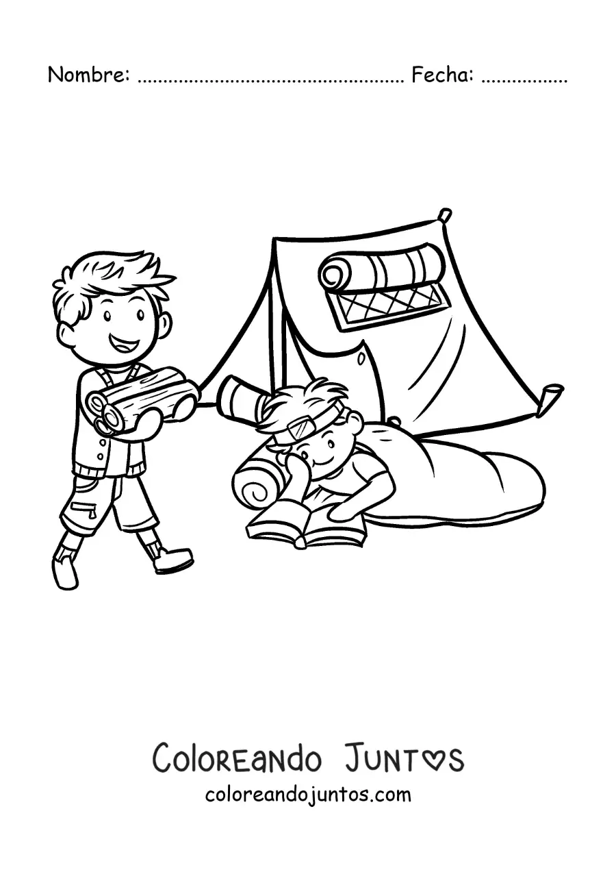 Imagen para colorear de dos niños leyendo junto a la fogata en un campamento de verano