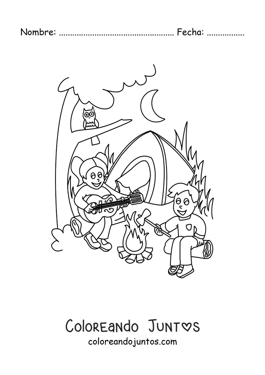 Imagen para colorear de dos niños animados cantando en un campamento de verano