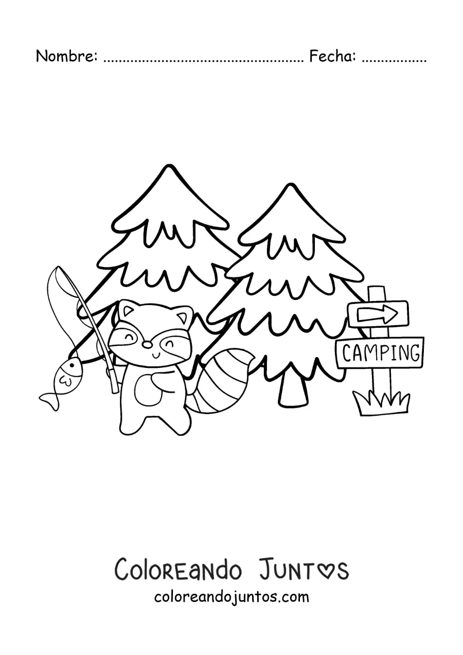 Imagen para colorear de un mapache animado pescando en un campamento en el bosque