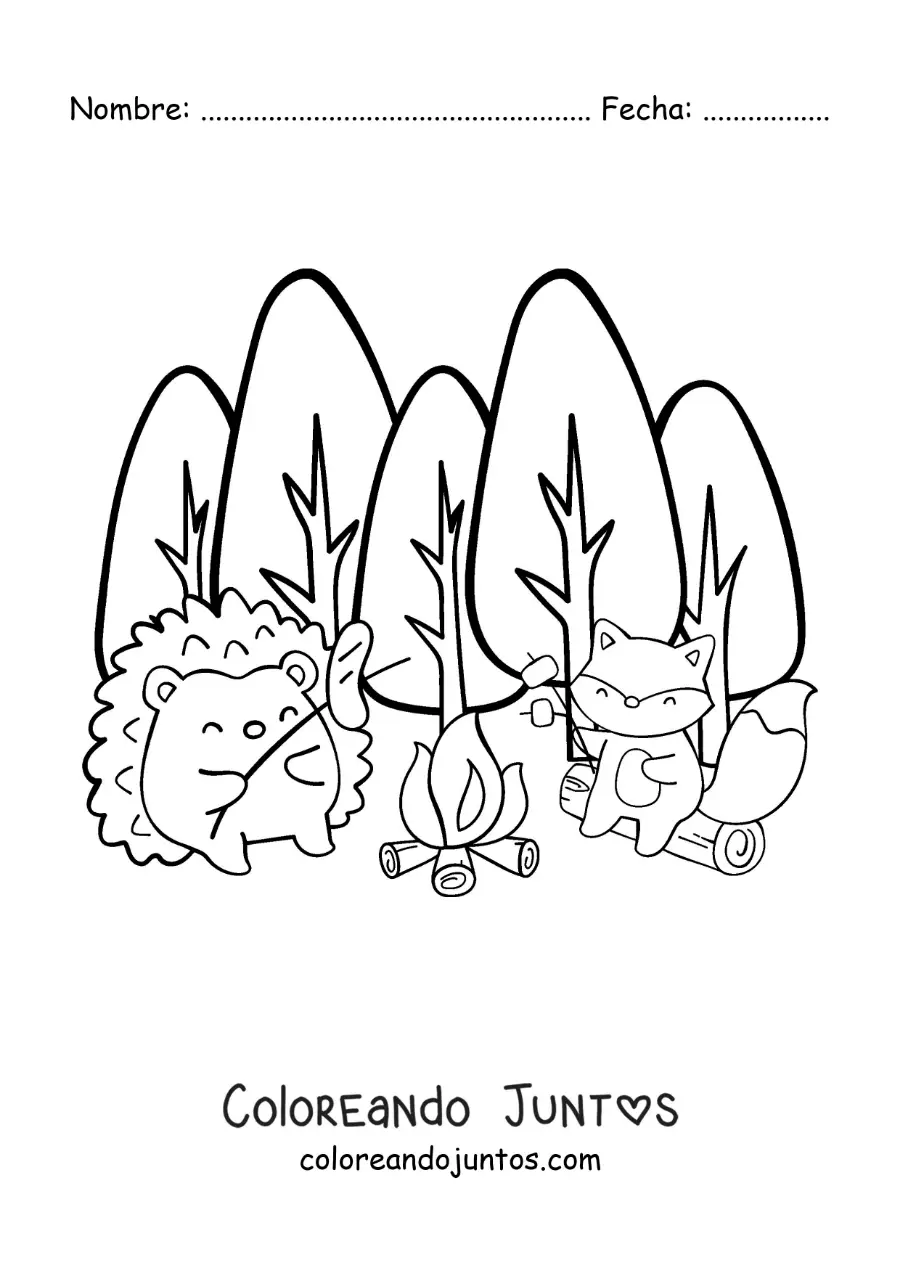 Imagen para colorear de animales kawaii en una fogata en el bosque