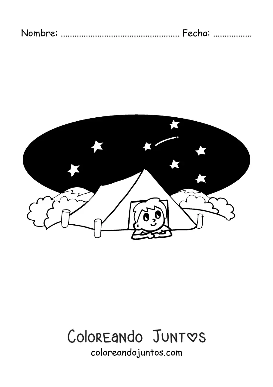 Imagen para colorear de un niño animado acampando en la noche