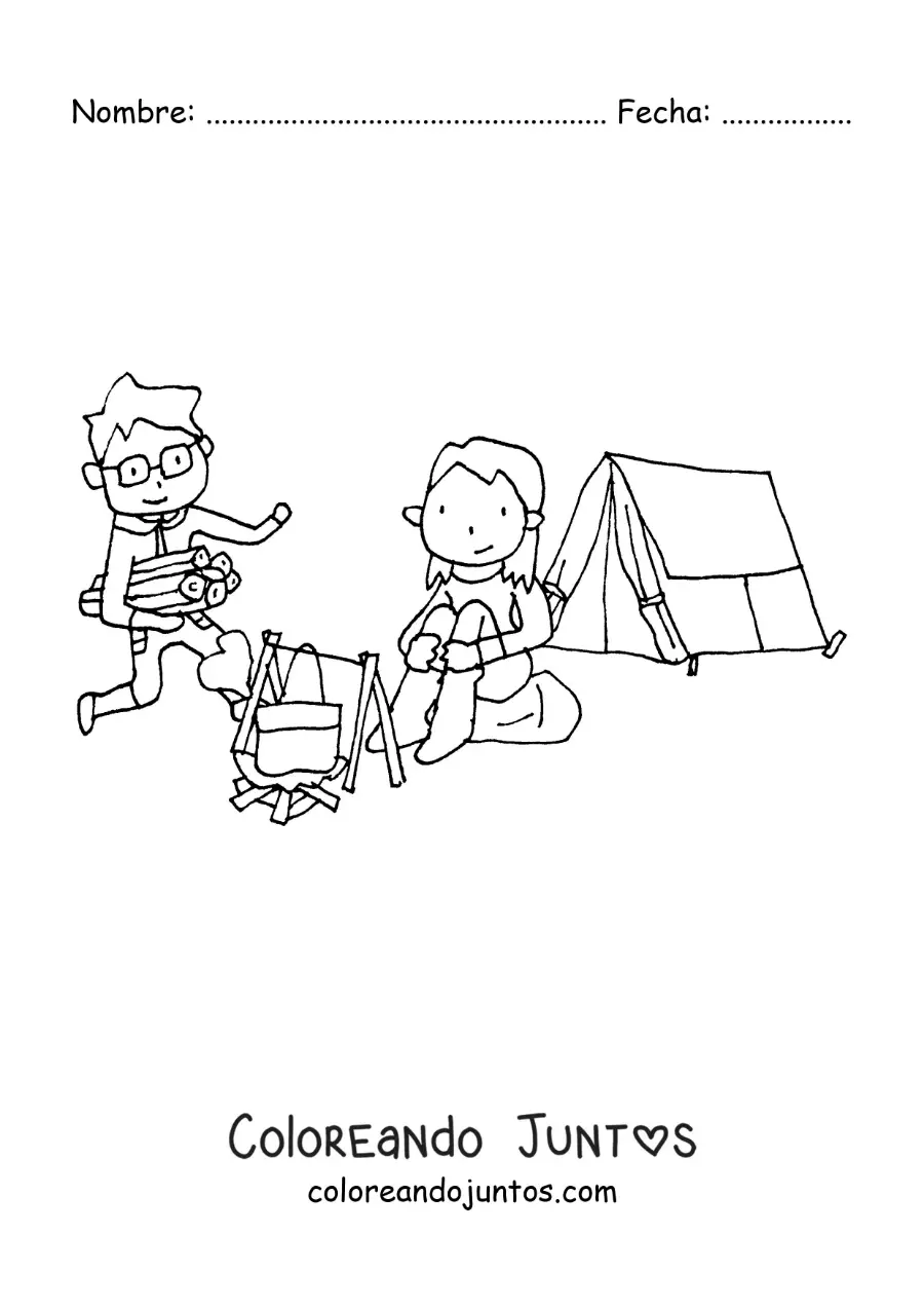 Imagen para colorear de una pareja animada en un campamento