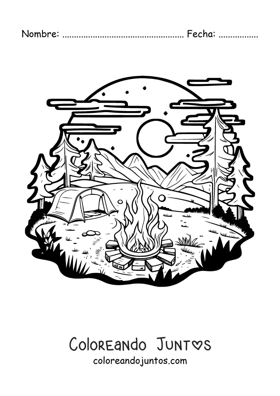 Imagen para colorear de una carpa en el bosque junto a una fogata