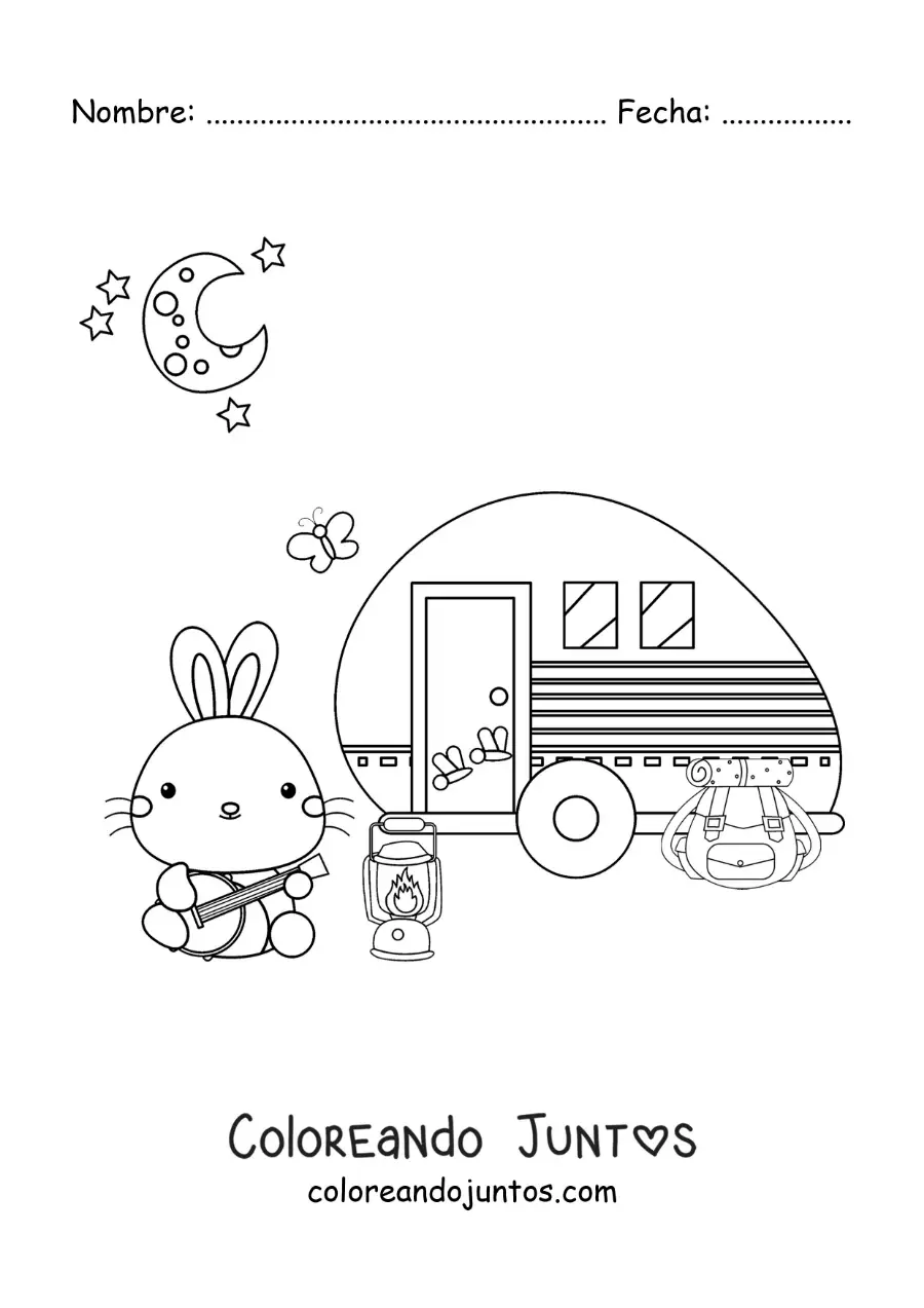 Imagen para colorear de un conejo animado acampando en una casa rodante
