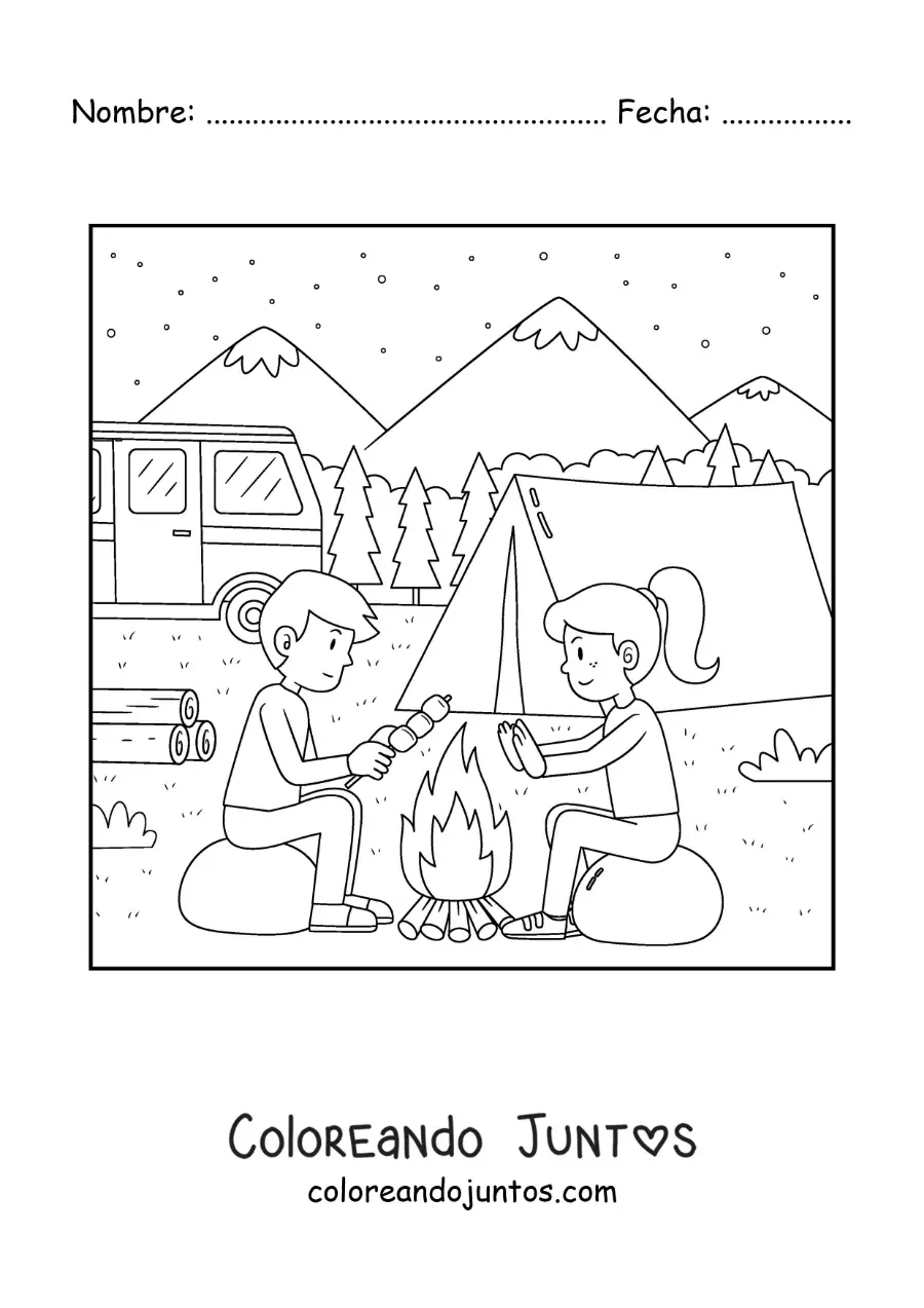 Imagen para colorear de una chica y un chico junto a una fogata en un campamento