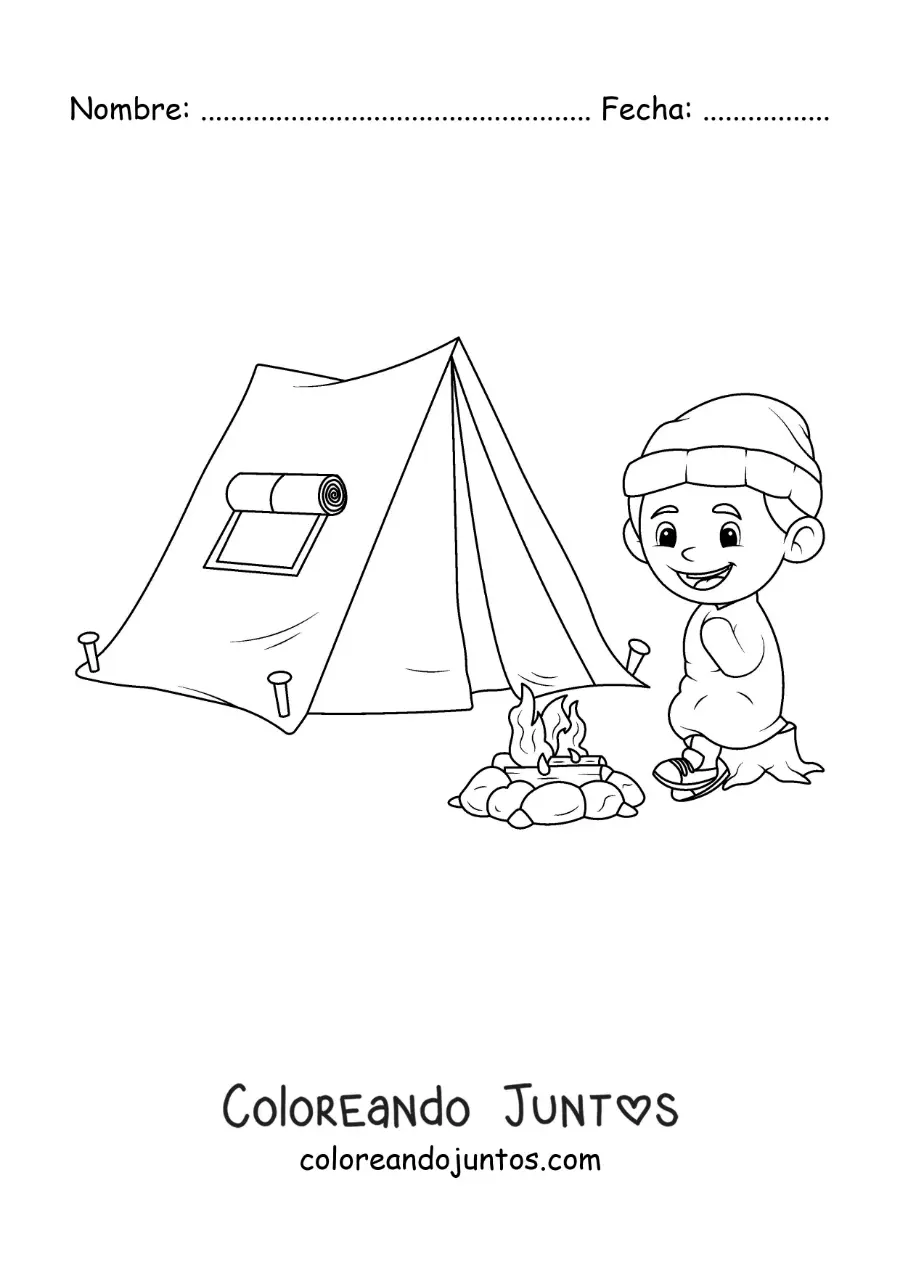 Imagen para colorear de un niño con frío en un campamento