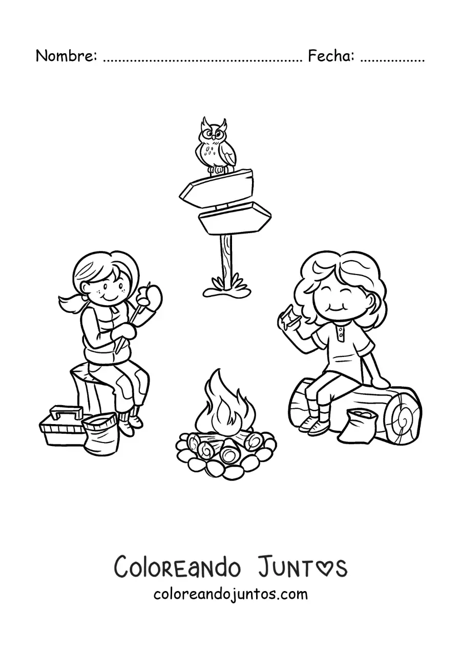 Imagen para colorear de dos niñas comiendo malvaviscos junto a una fogata