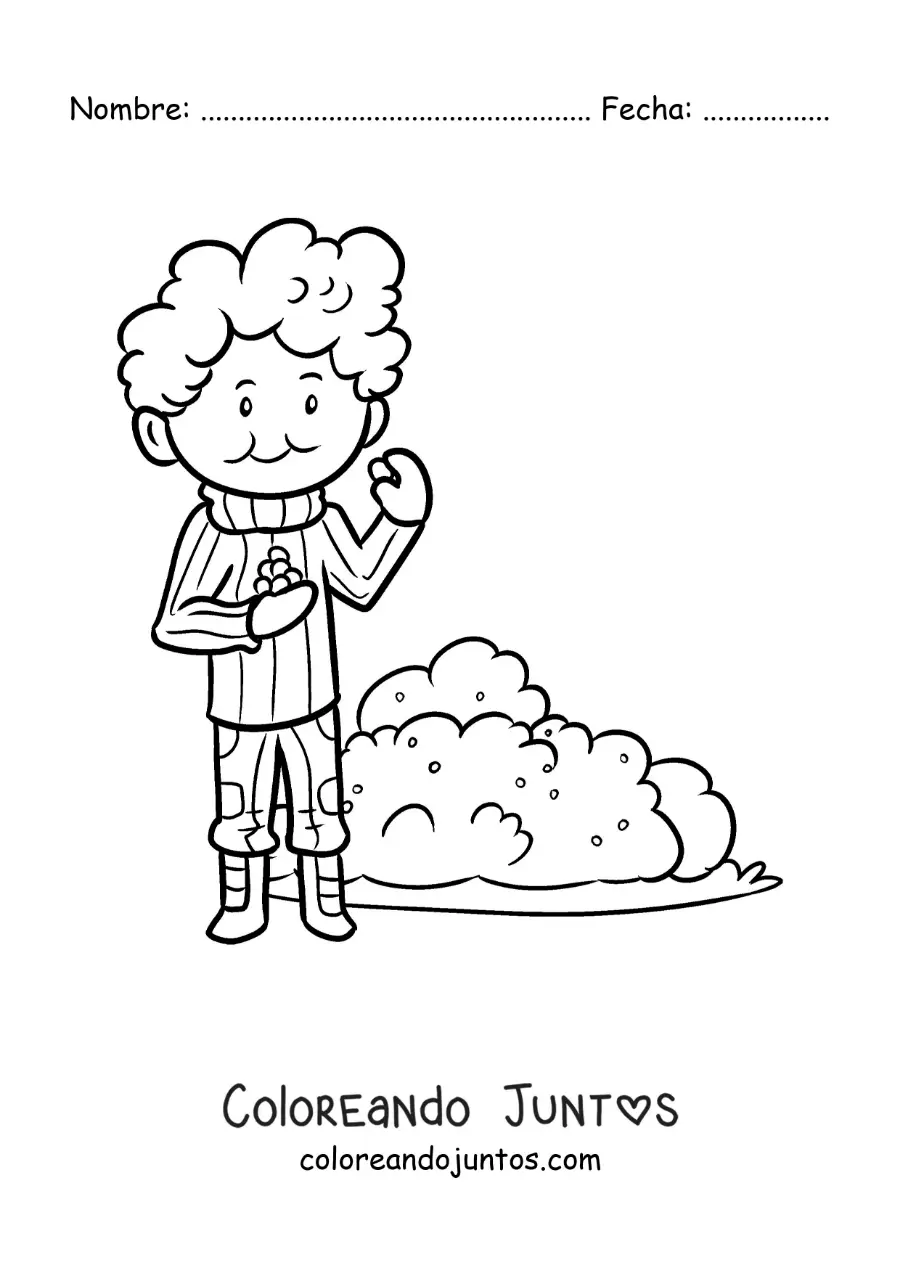 Imagen para colorear de un niño recolectando moras de un arbusto en una excursión