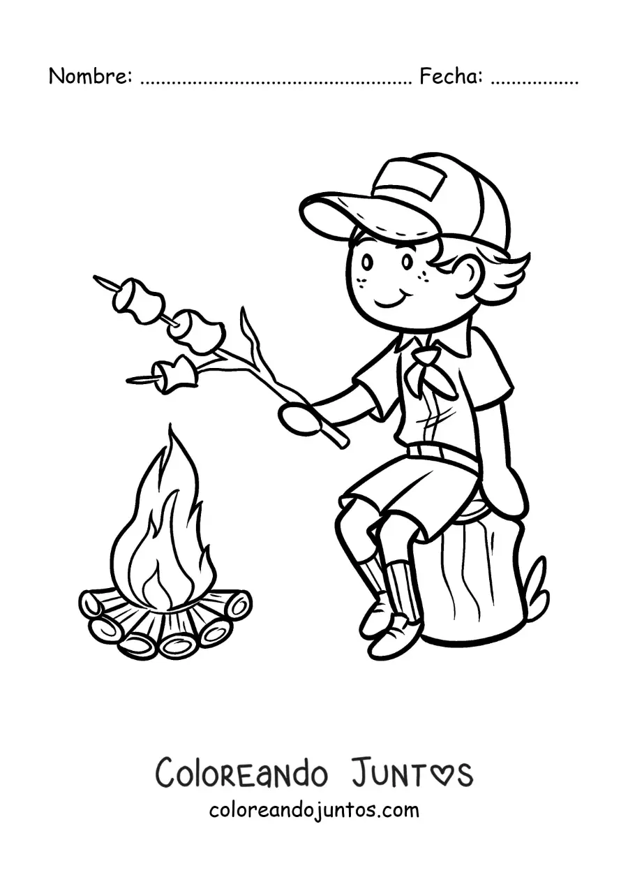 Imagen para colorear de un niño explorador asando malvaviscos en una fogata