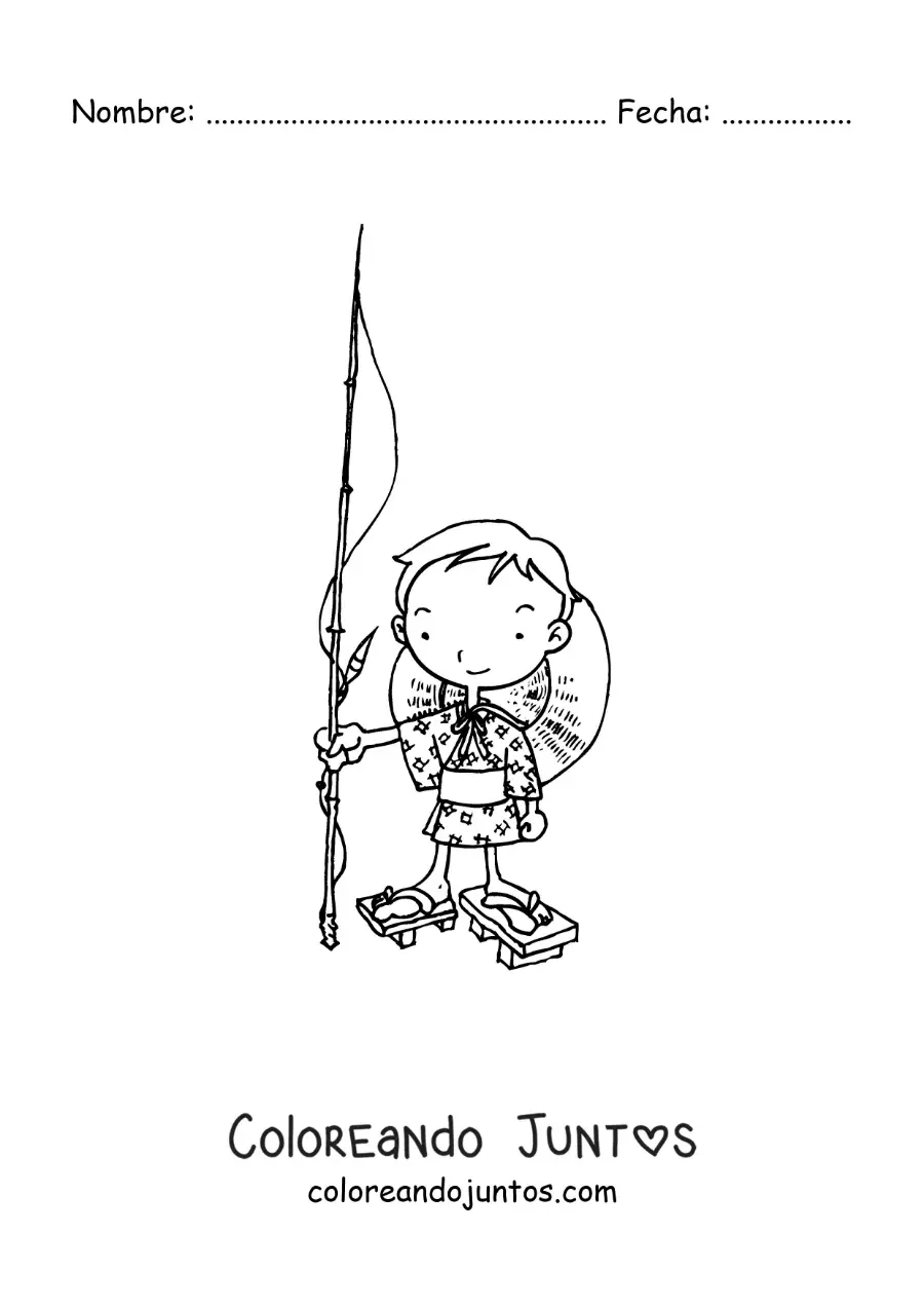 Imagen para colorear de un niño pescador japonés animado