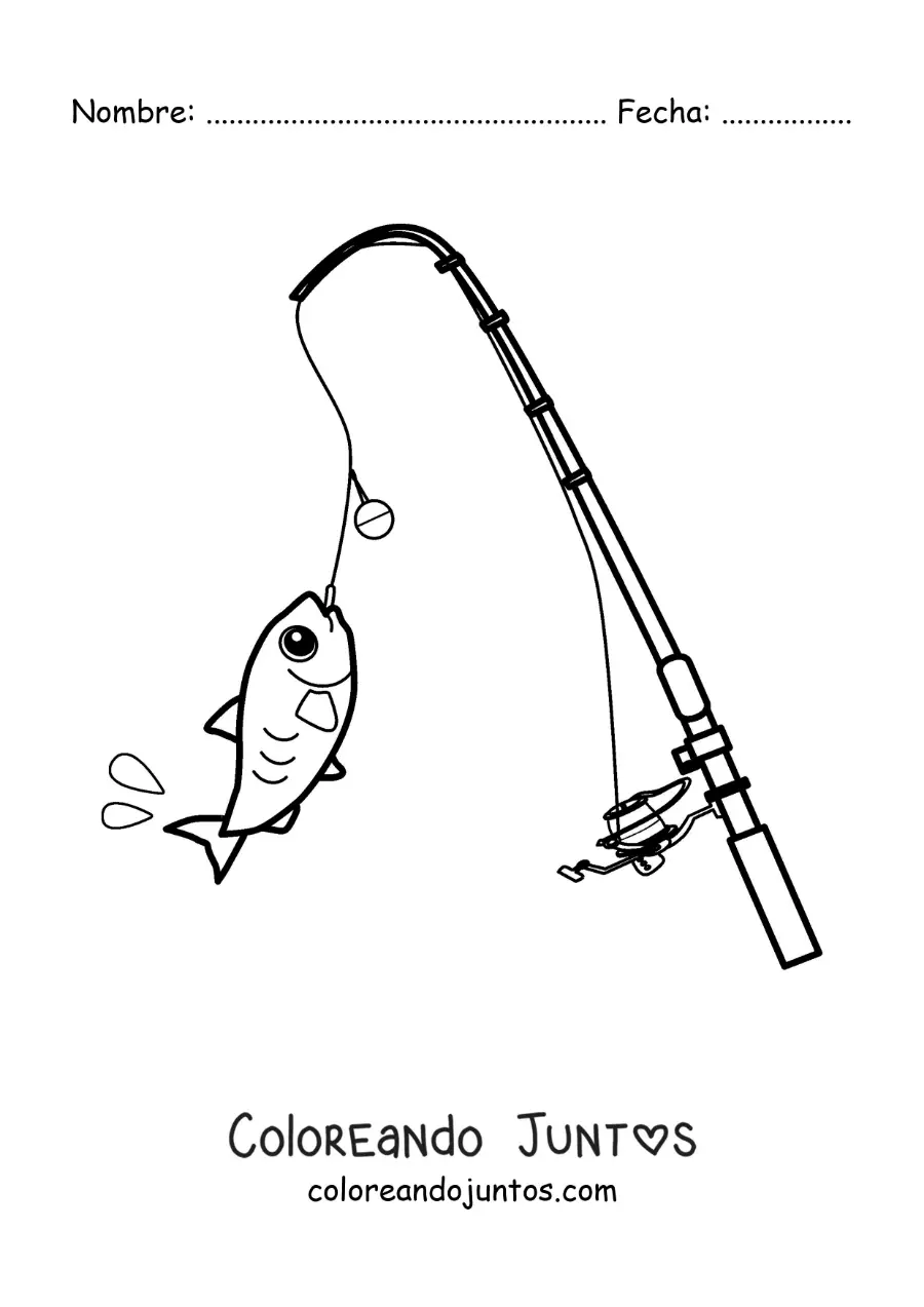 Imagen para colorear de una caña de pescar con un pez animado