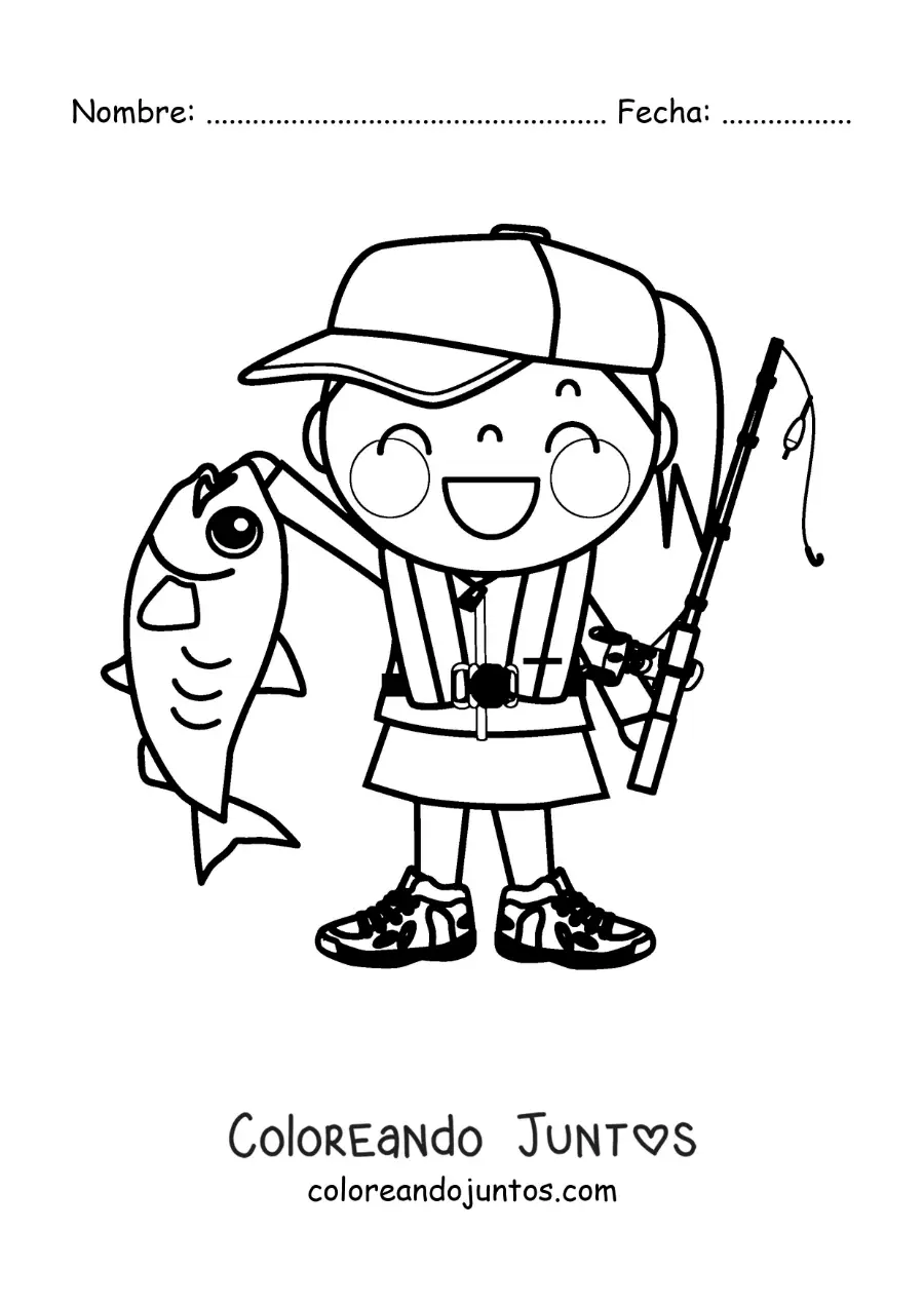 Imagen para colorear de una niña pescadora con un pez