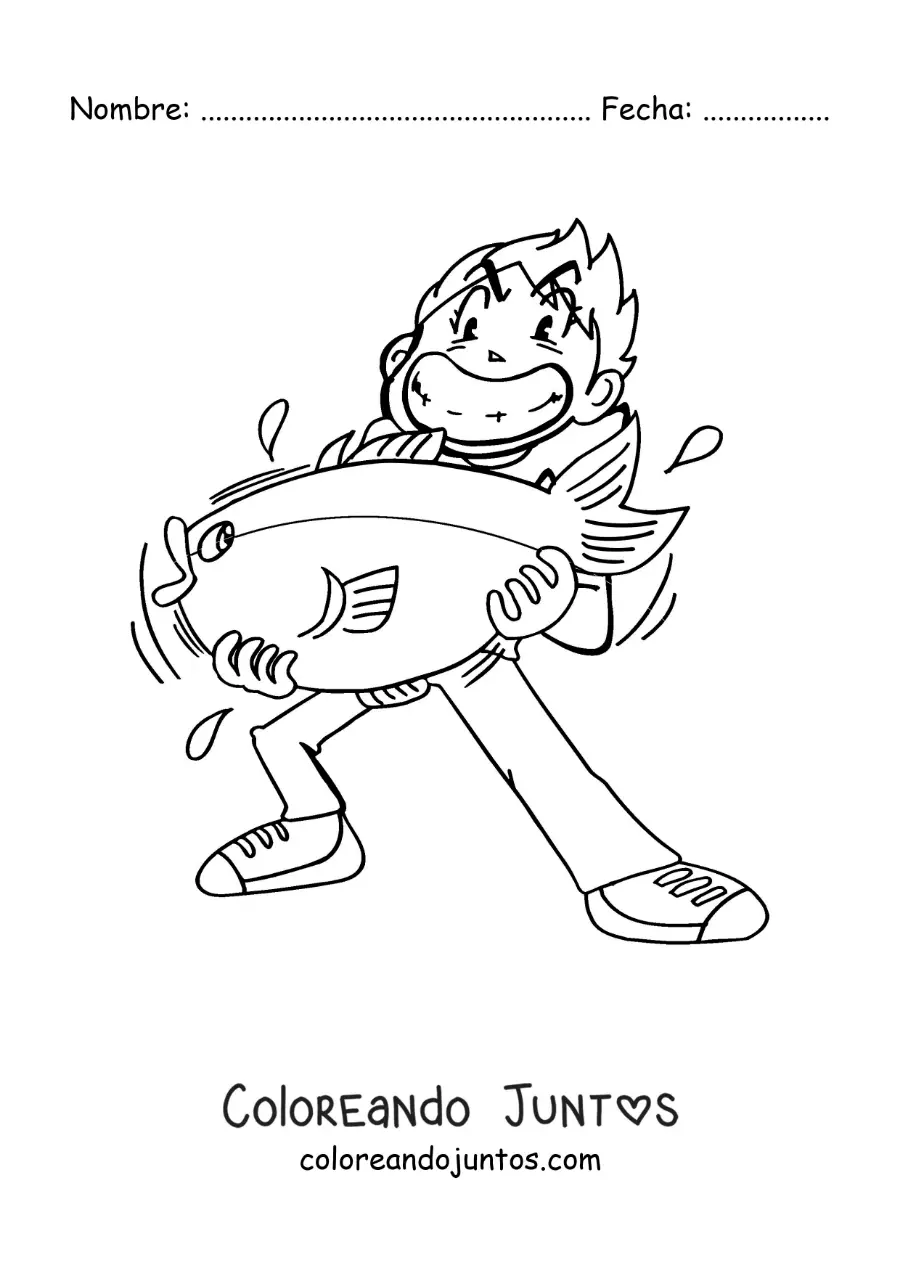 Imagen para colorear de una caricatura de un pescador que atrapó a un pez