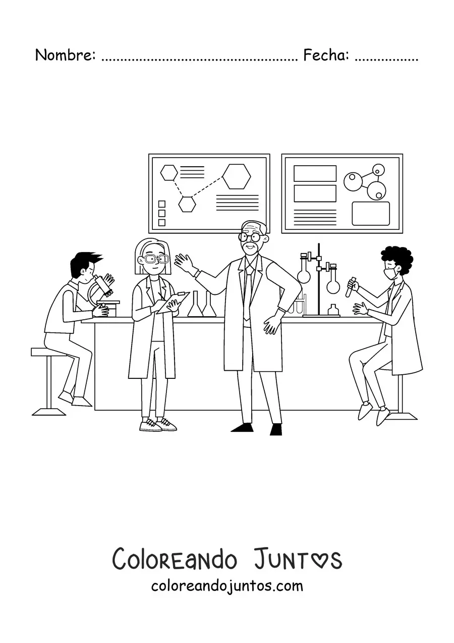 Imagen para colorear de varios científicos en un laboratorio