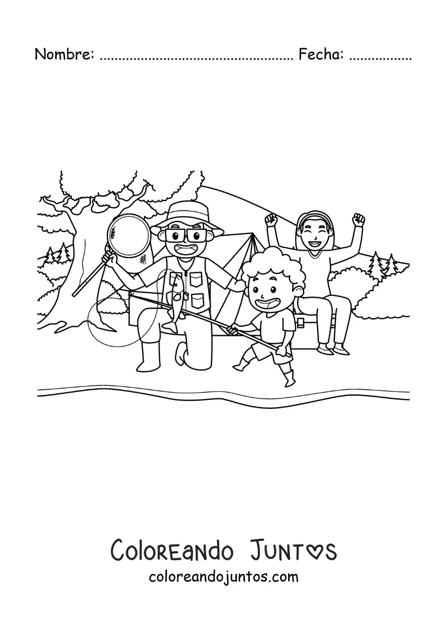 Imagen para colorear de una familia animada pescando en un río