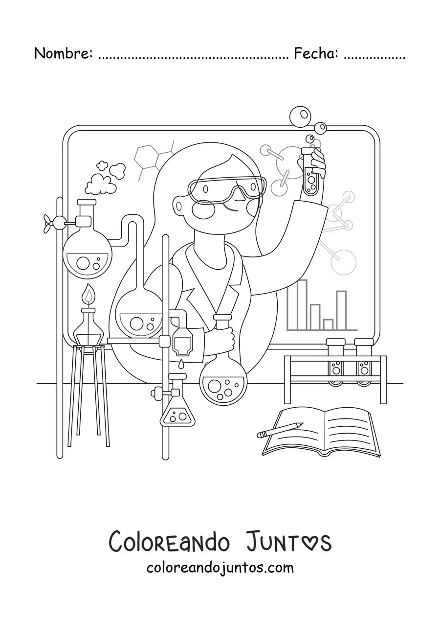 Imagen para colorear de una mujer científico haciendo experimentos