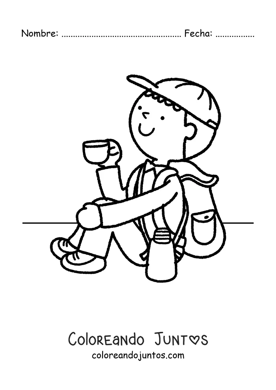 Imagen para colorear de un excursionista con su mochila tomando café