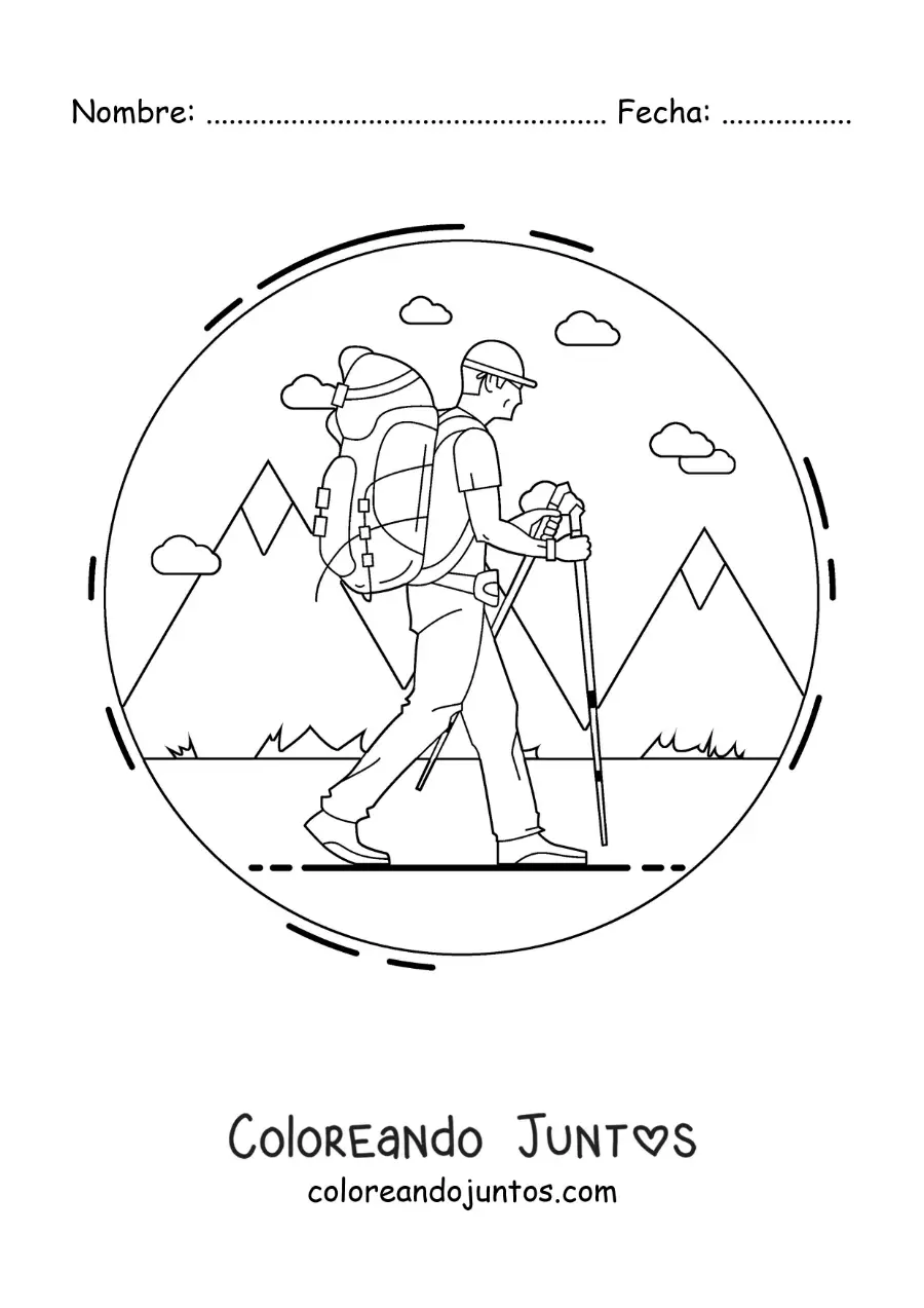 Imagen para colorear de un caminante haciendo senderismo con una mochila